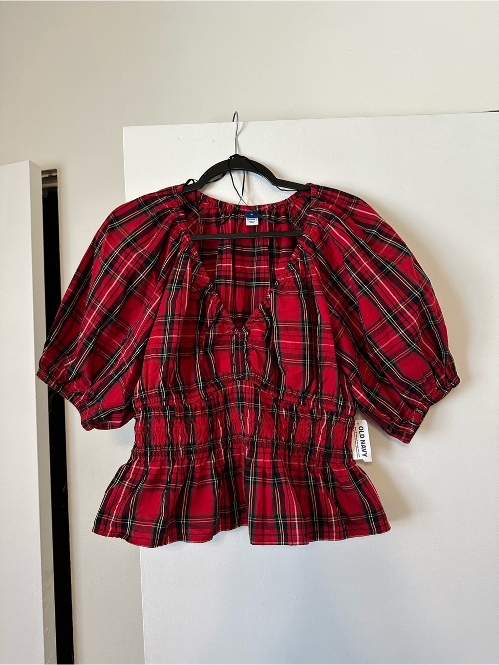 Old Navy Red Plaid Smocked Peasant Top